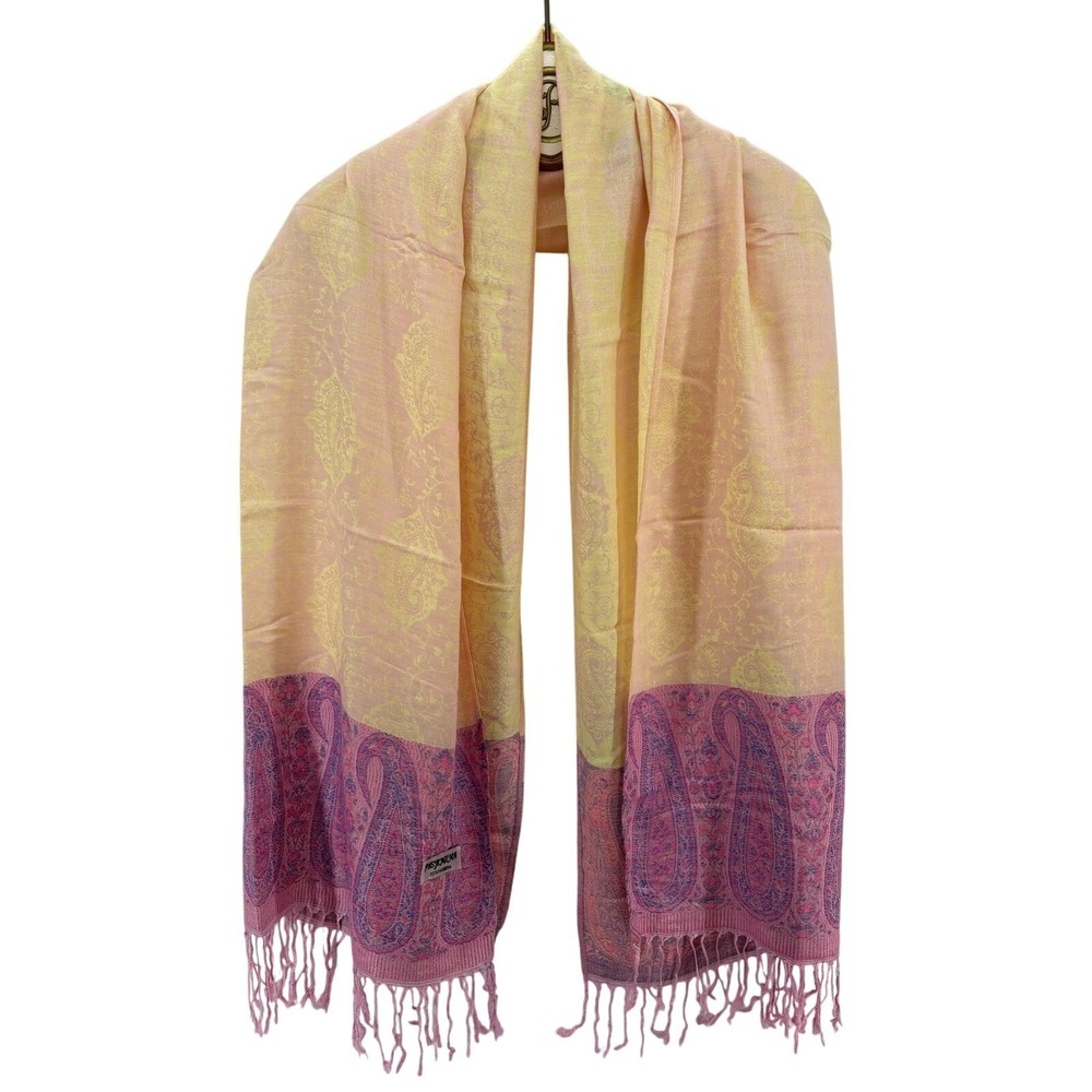 Pashmina Scarf Wrap Paisley Print Yellow Pink Purple Fringe Feminine Spring
